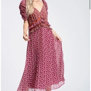 En Saison Burgundy Flora Fit & Flare Midi Dress Large Ruffle Waist Pleated Skirt